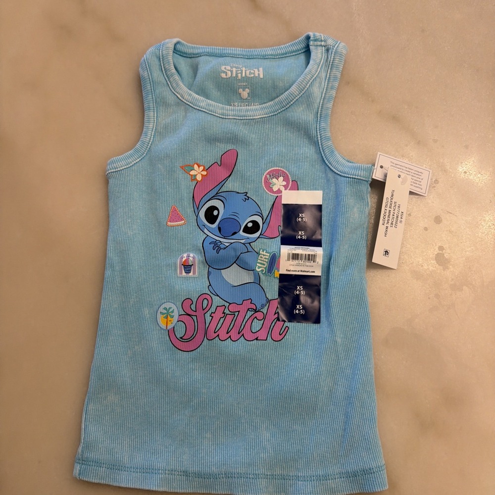 Disney Stitch Blue Acid Wash Ribbed Girl's Size XS (4-5) Tank Top NWT